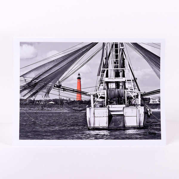 Ponce Inlet Lighthouse with shrimp boat-Lady Barbara photograph on a greeting card