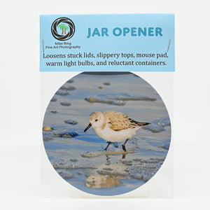 Sandpiper on the beach photograph on a jar opener