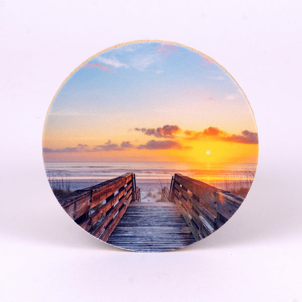 Round Rubber Home Coaster of a photograph-boardwalk to the beach early morning sunrise