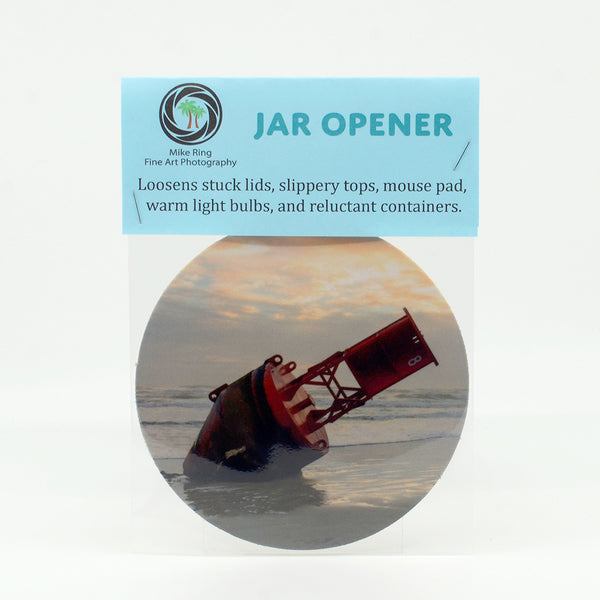 Red Buoy on the shore photograph on rubber jar opener