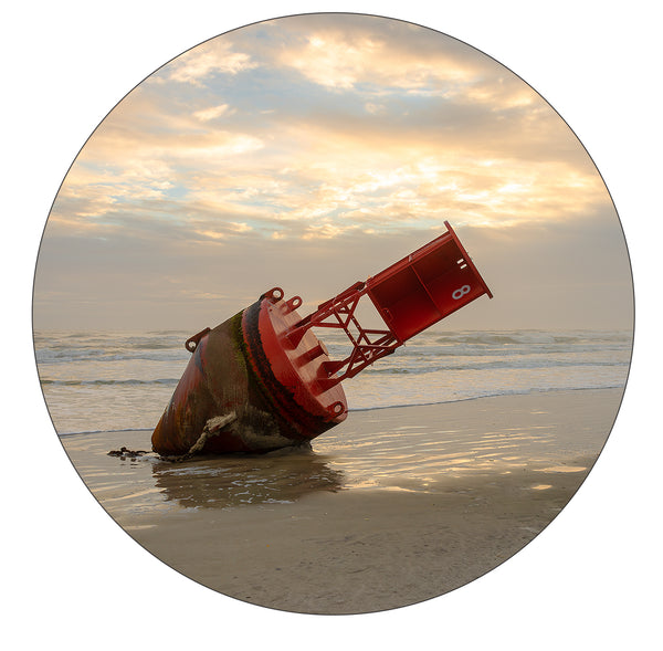 Red Buoy on the shore photograph round rubber home coaster