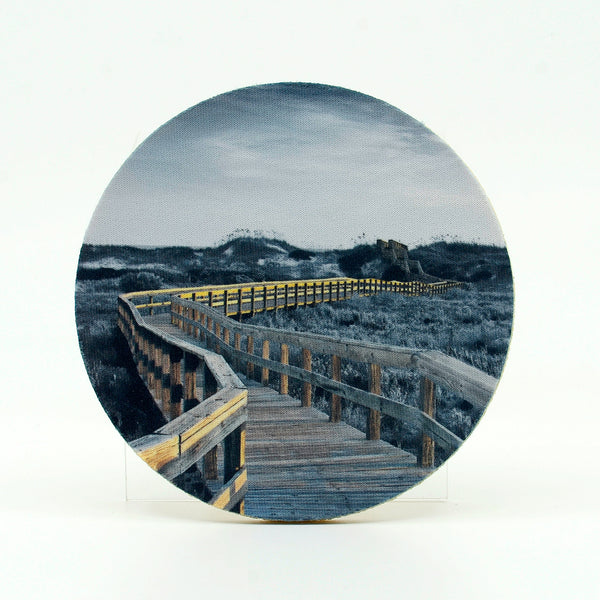 Boardwalk to the beach photograph on round rubber home coaster