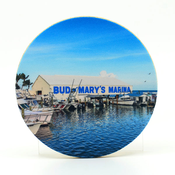 Bud and Mary's Marina in Florida Keys photograph on a round rubber home coaster