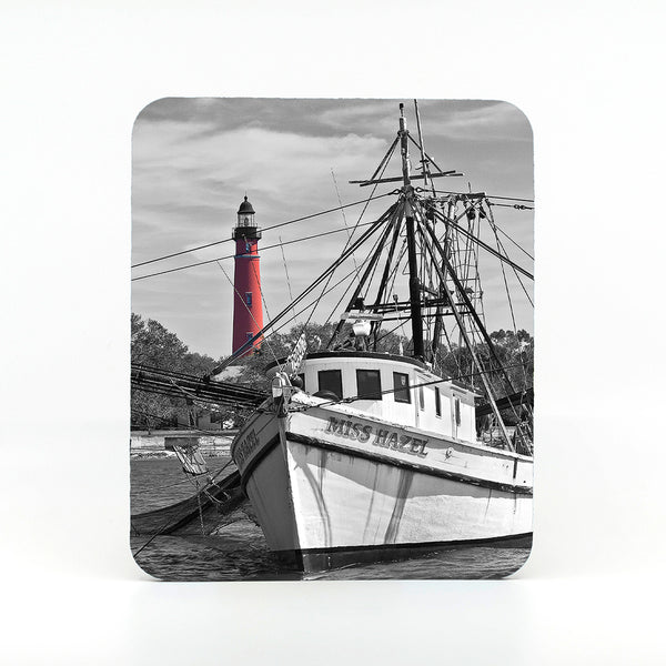 Ponce Inlet Lighthouse with shrimp boat-Miss Hazel photograph on a mouse pad