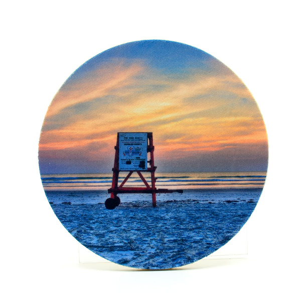 Life Guard Stand on the beach photograph on a round rubber home coaster