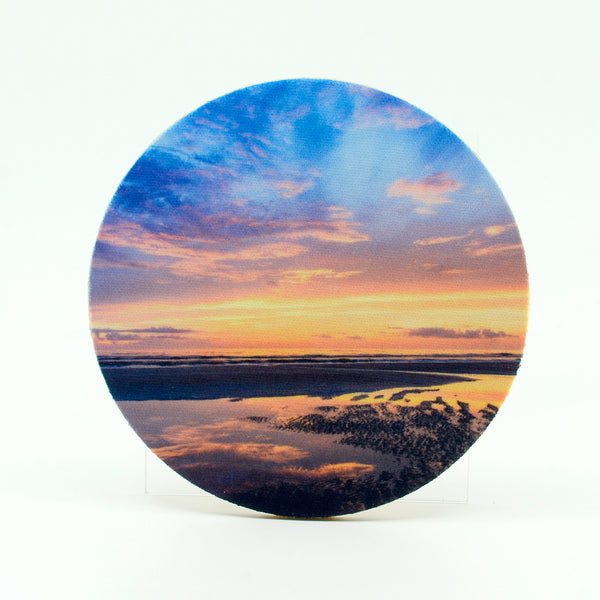 Early morning sunrise over the ocean sea photograph on a round rubber home coaster