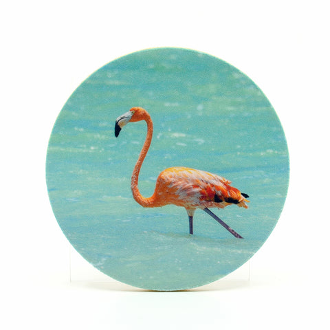 A flamingo in a Caribbean salt pan photograph on a round rubber home coaster.