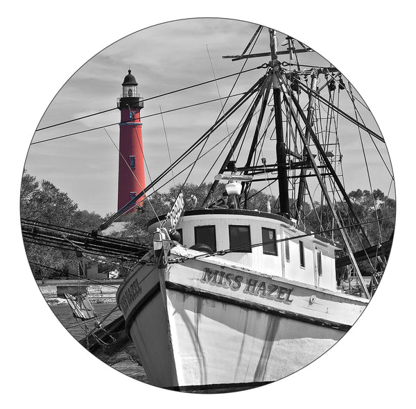 Ponce Inlet Lighthouse with shrimp boat-Miss Hazel photograph on a round rubber home coaster