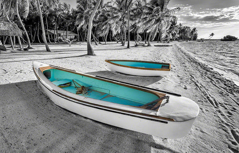 A photo of two turquoise colored boats with the rest of the scene in black and white