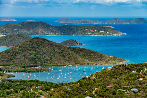 A birds eye view photo of beautiful Coral Bay on St. John Island, U.S. Virgin Islands