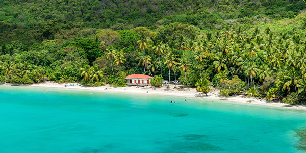 A birds eye view photo of beautiful Maho Bay on St. John Island