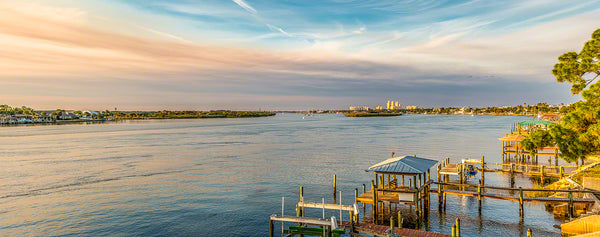 A panoramic view off the North Causeway bridge in New Smyrna Beach, Florida.