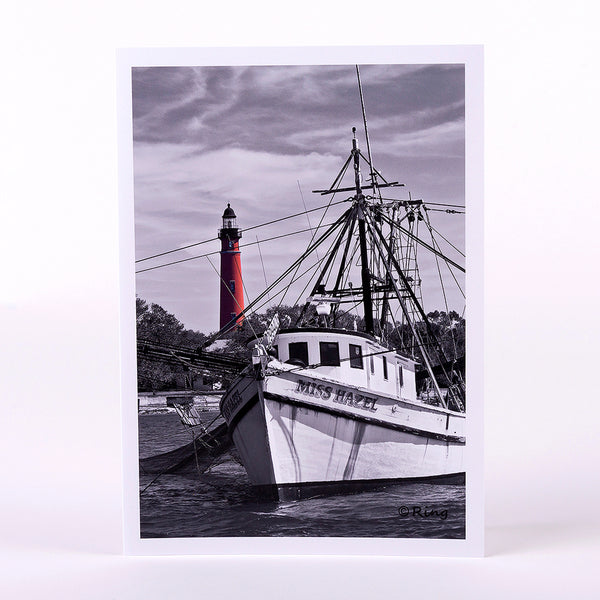 Ponce Inlet Lighthouse with shrimp boat-Miss Hazel photograph on a greeting card