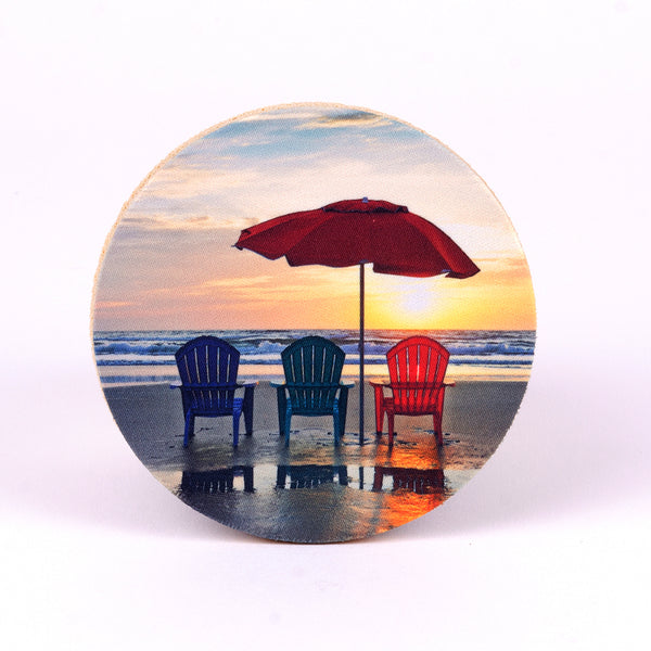 Beachside Chairs photograph on a round rubber home coasters