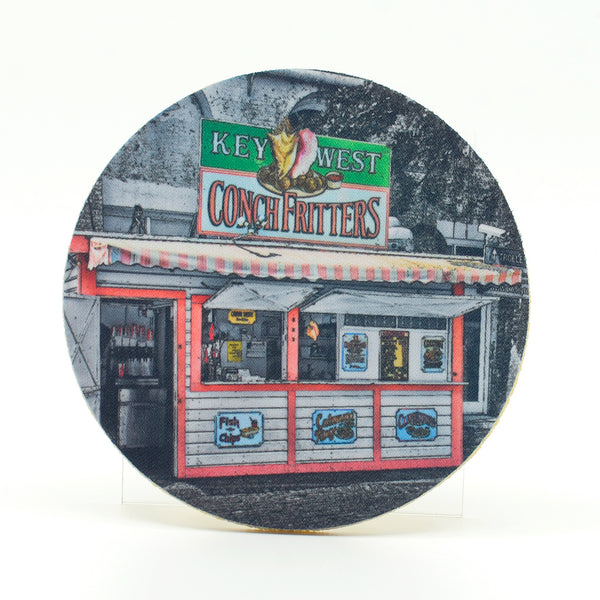 Conch Fritters Food Stand in Florida Keys photograph on a round rubber home coaster