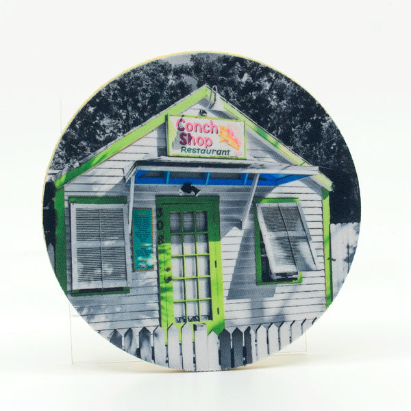 Conch Shop  in Florida Keys photograph on a rubber round home coaster