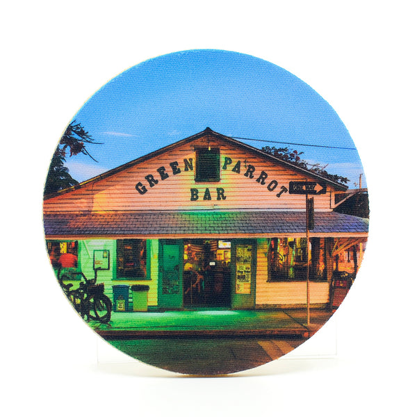 Green Parrot in Key West photograph on a round rubber home coaster