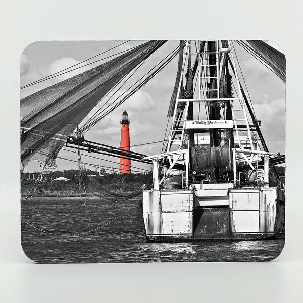Ponce Inlet Lighthouse with shrimp boat-Lady Barbara photograph on a mouse pad