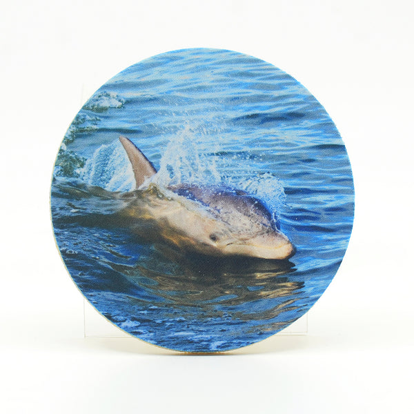 Dolphin swimming in the lagoon photograph on a round rubber home coaster