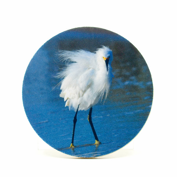 Snowy Egret on the beach photograph on a round rubber home coaster