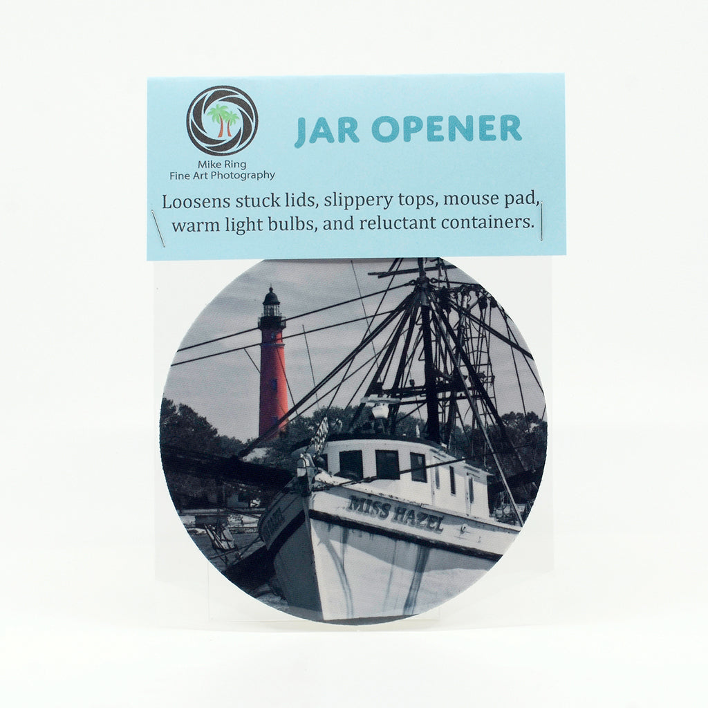 Ponce Inlet Lighthouse with shrimp boat-Miss Hazel photograph on a jar opener