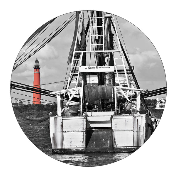 Ponce Inlet Lighthouse with shrimp boat-Lady Barbara photograph on a round rubber home coaster