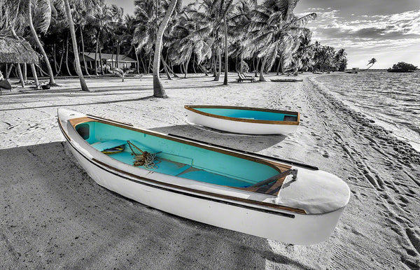 A photo of two turquoise colored boats with the rest of the scene in black and white