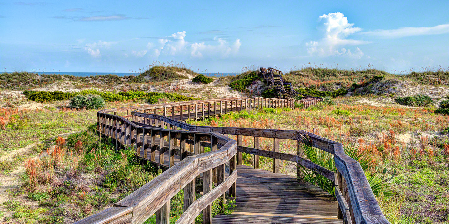 Early morning view of the boardwalk in Smyrna Dunes Park