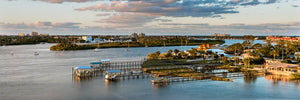 A panoramic view at sunset looking off the South Causeway bridge in New Smyrna Beach, Florida