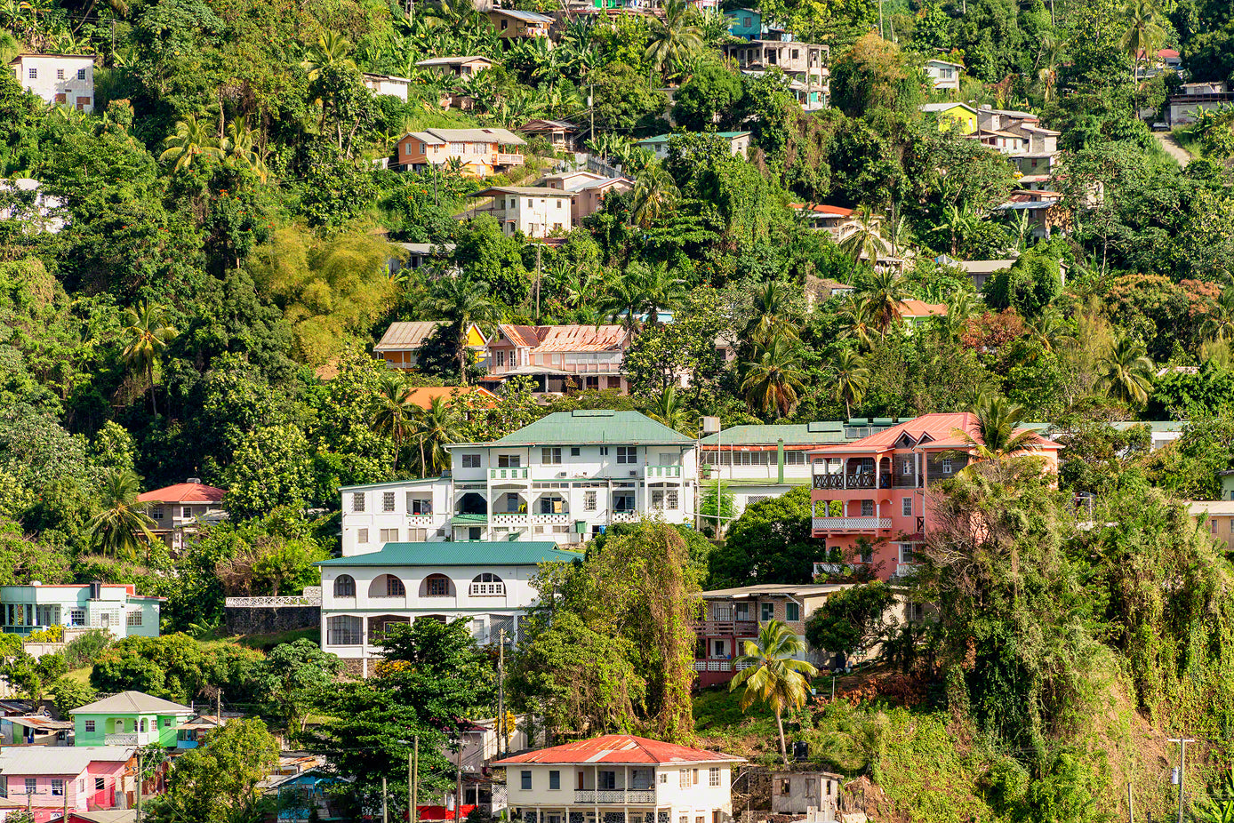 A photo of colorful houses in tropical St. Lucia