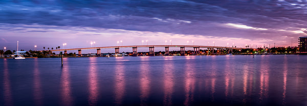 A twilight view of the South Causeway bridge in New Smyrna Beach, Florida