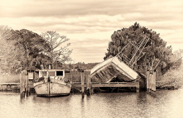 A photo of a wrecked shrimp boat from a hurricane