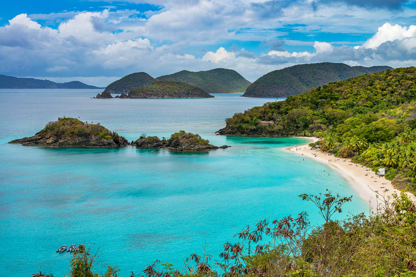 A cliff side photo of beautiful Trunk Bay on St. John Island
