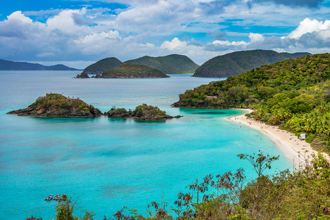 A cliff side photo of beautiful Trunk Bay on St. John Island