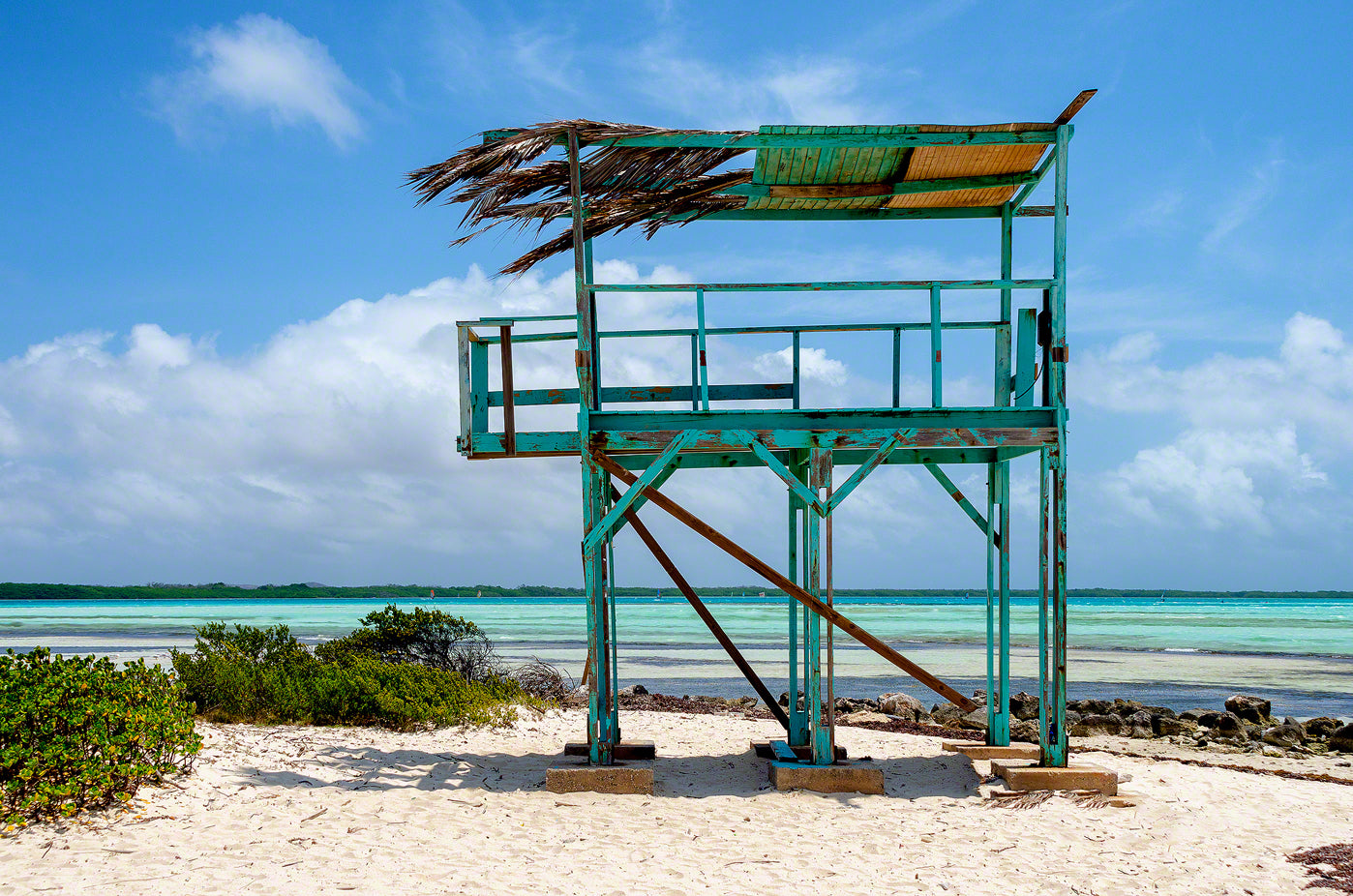 A photo of a windsurfing contest lookout hut on the beautiful island of Bonaire. 